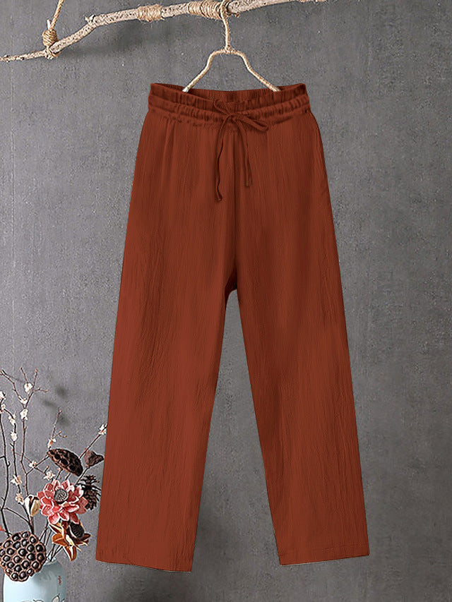 Ladies Crinkle Linen Blend Pants with Elastic Drawstring, Straight Leg and Casual Fit Mune Fashion