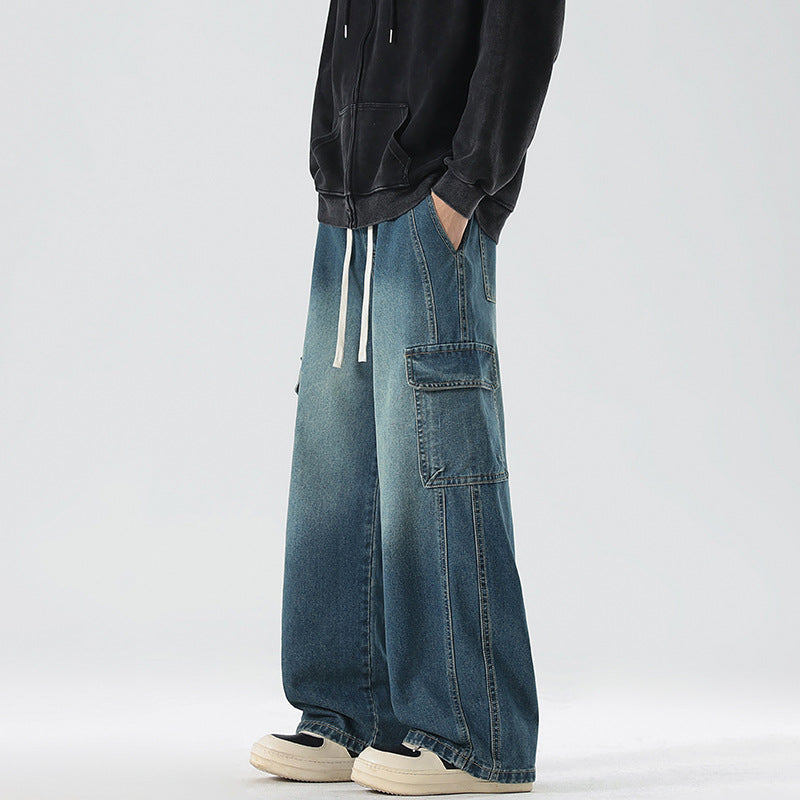 Men's Stonewashed Denim Cargo Palazzo with Extra Wide Legs and Visible Decorative Stitching Mune Fashion