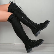 Women's over-the-knee lace-up boots with side zipper, decorative lacing, and textured rubber sole Mune Fashion