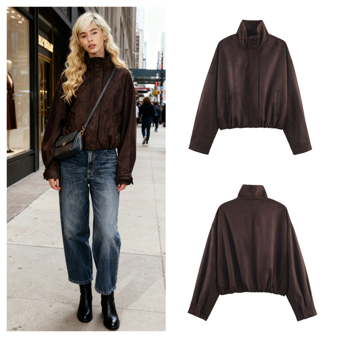 Women's Short Oversized Suede-Look Bomber Jacket with Stand-Up Collar and Elastic Hem Mune Fashion