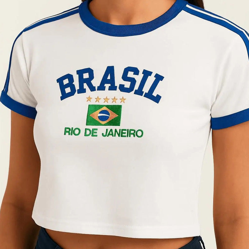 Women's short cotton crop shirt with round neck and Brazil print Mune Fashion