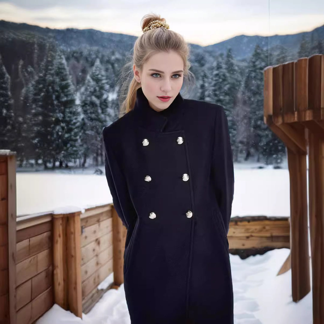 Women's Double-Breasted Coat with Stand-Up Collar and Decorative Buttons Mune Fashion