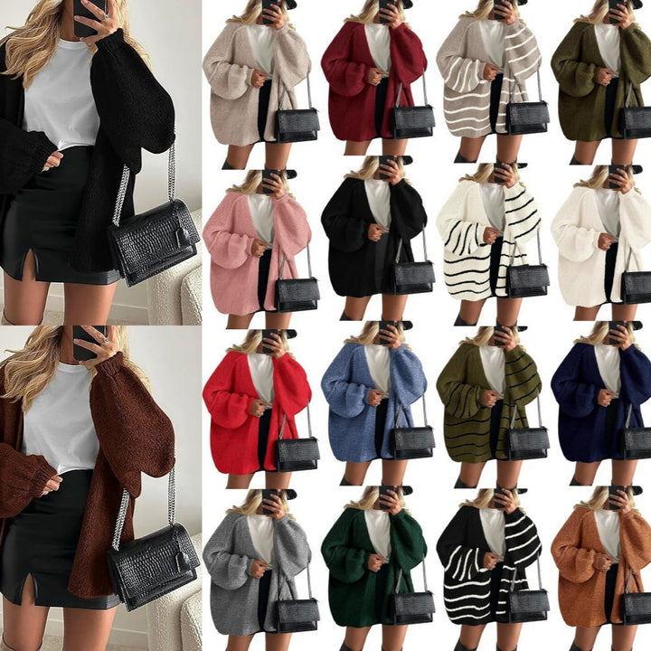 Women's Oversized Knit Cardigan with Balloon Sleeves and Open Front Mune Fashion