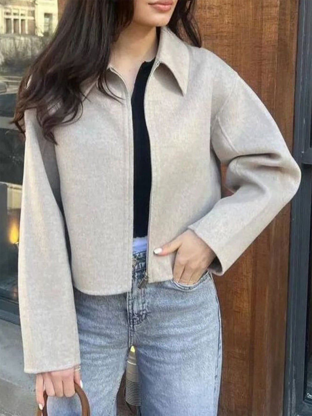 Women's cashmere-like wool jacket with full zip, oversized cut and shirt collar Mune Fashion