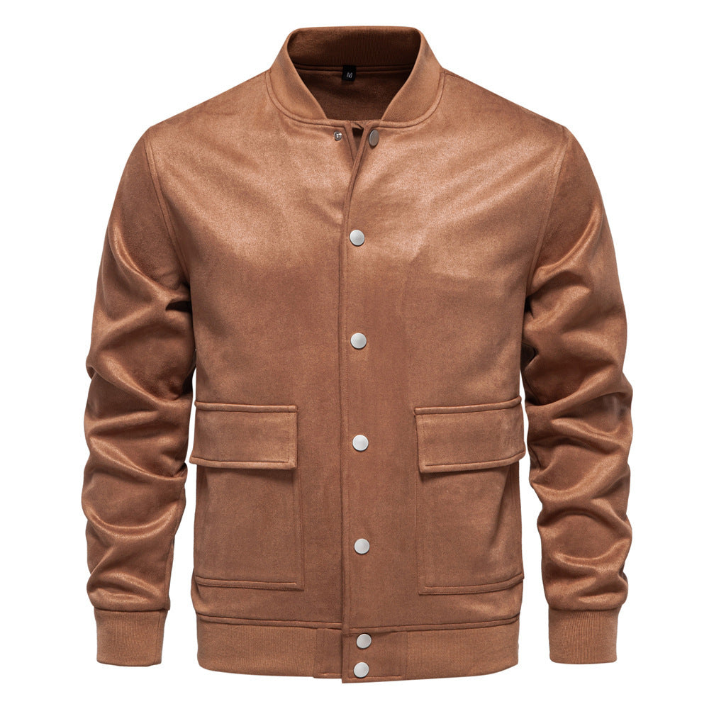 Men's suede-look college jacket with snap button closure, flap pockets and ribbed hem Mune Fashion