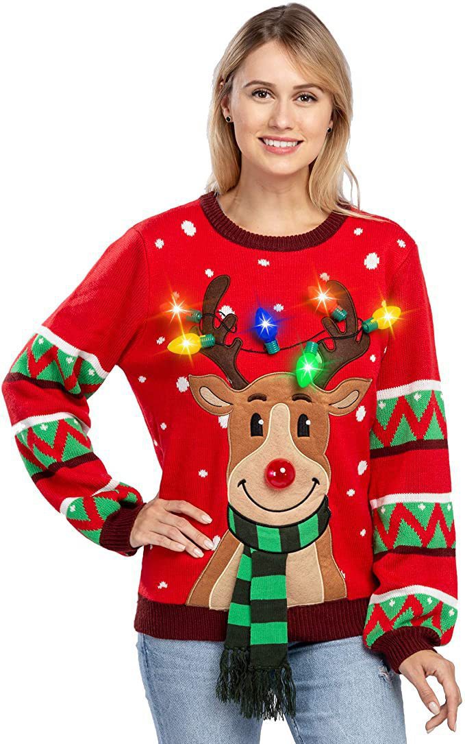 Women's Christmas sweater with reindeer appliqué, integrated light string, and three-dimensional nose pom-pom Mune Fashion