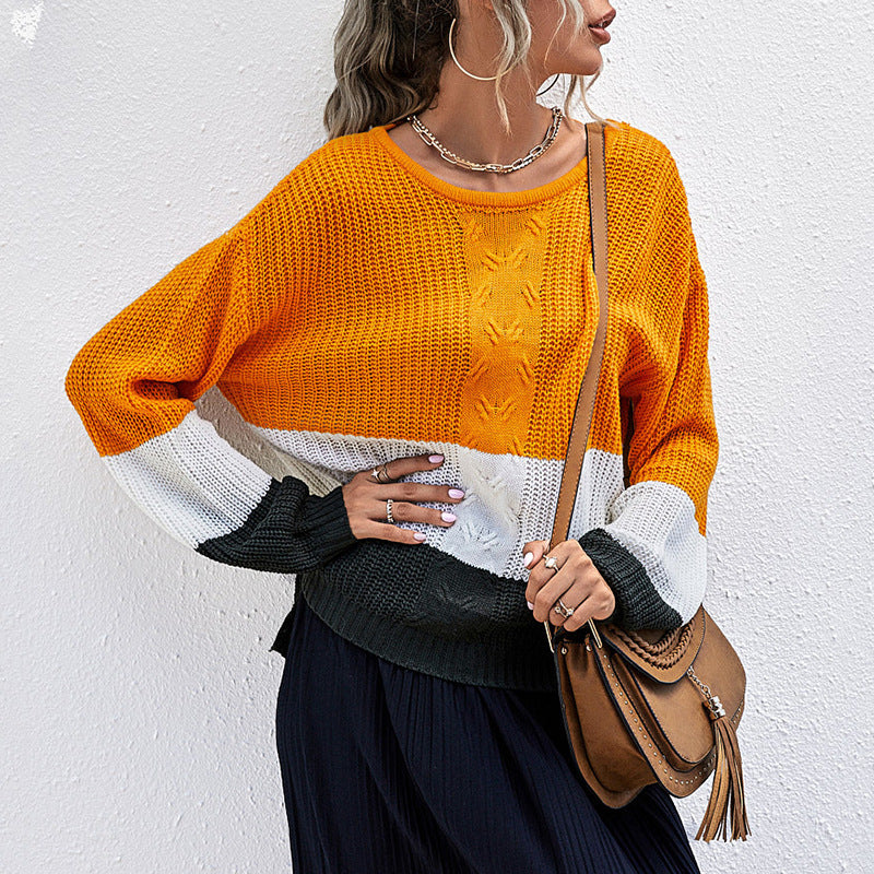 Women's Colorblock Slouchy Knit Sweater with Cable Mix and Drop Shoulder Mune Fashion