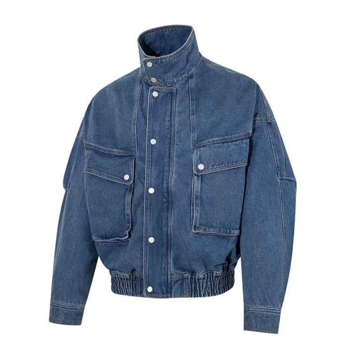 Women's Oversized Denim Jacket with Stand-up Collar, Press Stud Placket and Patch Cargo Pockets Mune Fashion