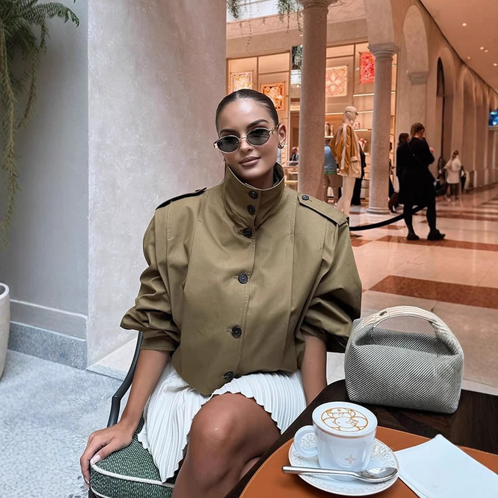 Women Cropped Trench Coat with boxy silhouette, epaulettes and pleat details Mune Fashion