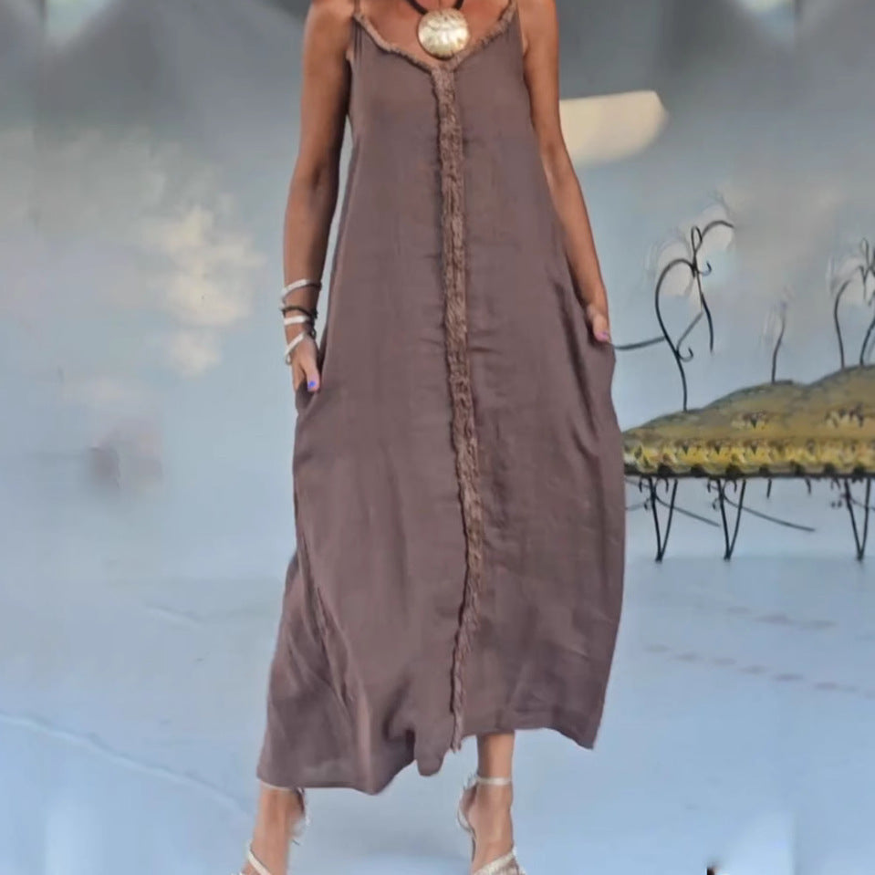 Women's airy linen-look maxi strap dress with fringed center seam and inset pockets Mune Fashion