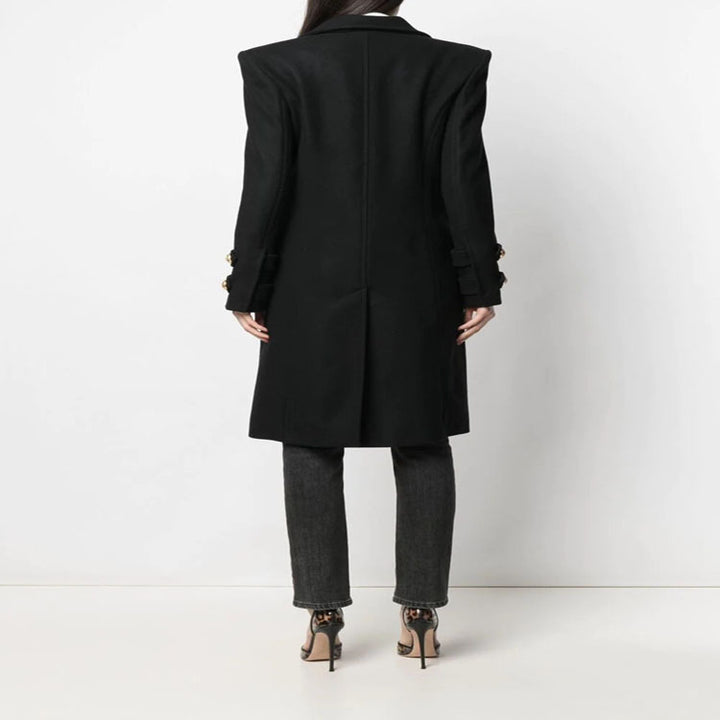 Ladies Elegant Wool Blend Long Coat in Marine Inspired Double Breasted with Oversized Shawl Collar and Decorative Sleeves Mune Fashion