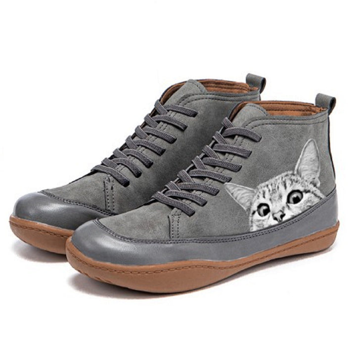 Women's ankle-high sneakers with cute cat motif embroidery and ergonomic comfort insole Mune Fashion
