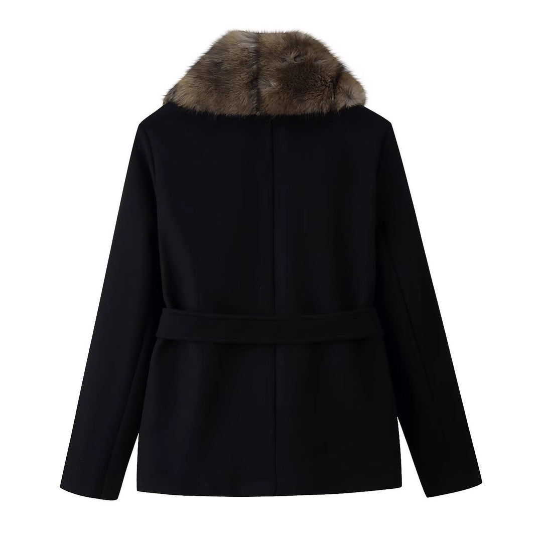 Women's Short Wool Blend Coat with Removable Faux Fur Shawl Collar and Waist Belt Mune Fashion