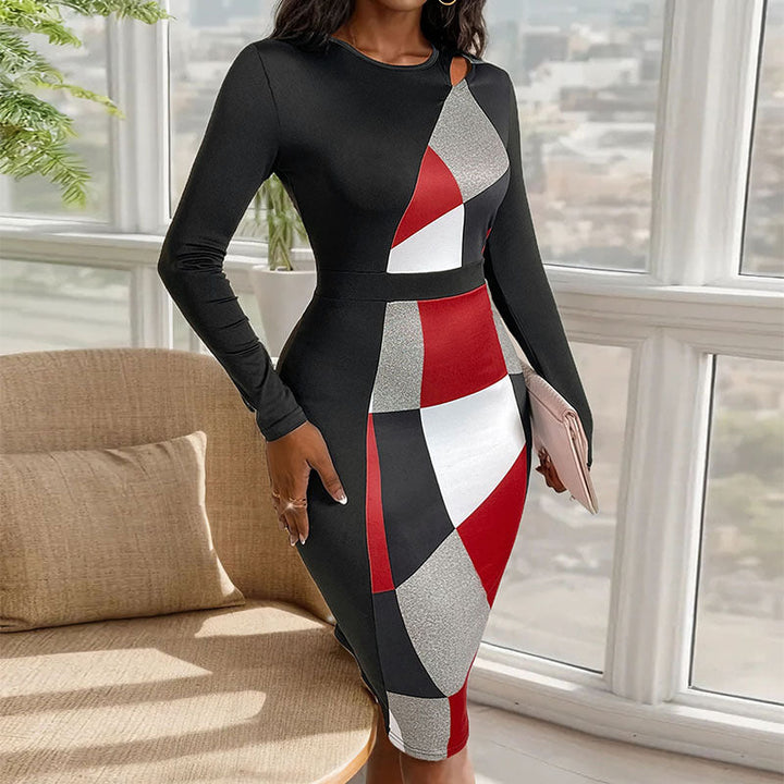 Women's Figure-Hugging Midi Dress with Graphic Color Block Pattern, Cut-Out Shoulder and Tailored Silhouette Mune Fashion