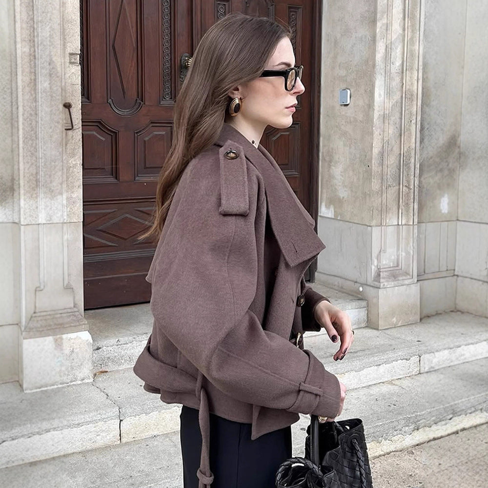 Women's Short Double-Breasted Wool Blend Peacoat with Dropped Shoulders and Epaulettes Mune Fashion