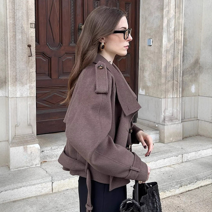 Women's Short Double-Breasted Wool Blend Peacoat with Dropped Shoulders and Epaulettes Mune Fashion