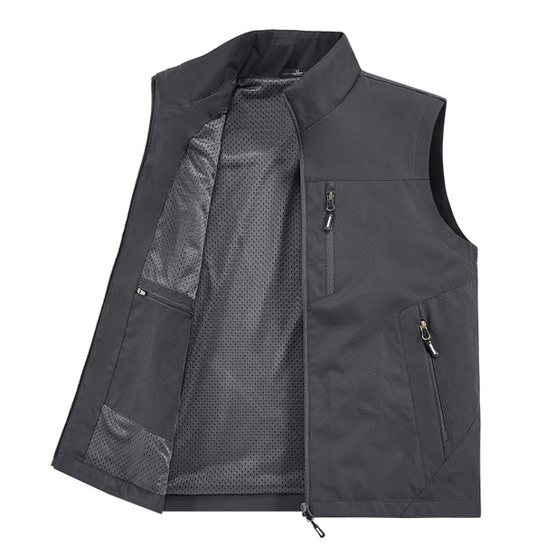 Men's Water-Resistant Utility Vest with Multiple Zipper Pockets & High Stand Collar Mune Fashion