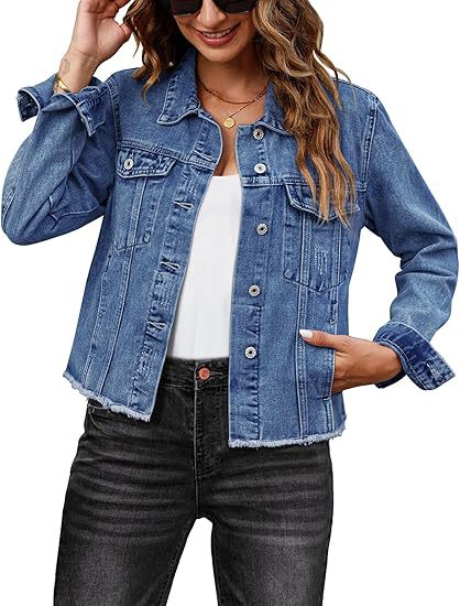 Women Short Cut Denim Jacket with Frayed Hem and Chest Pockets Mune Fashion