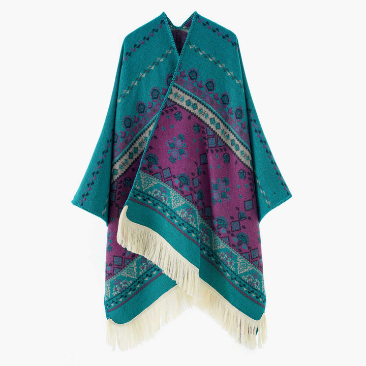 Women's Woven Ethno-Poncho with Fringes and Jacquard Pattern Mune Fashion
