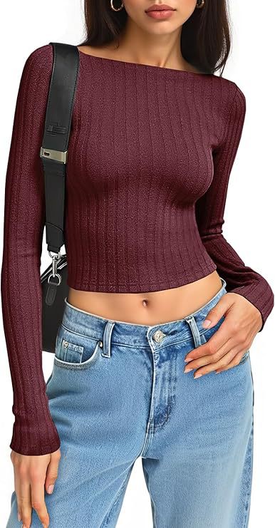 Women's Fitted Ribbed Cropped Long Sleeve with Boat Neck and Stretch Cotton Blend Mune Fashion