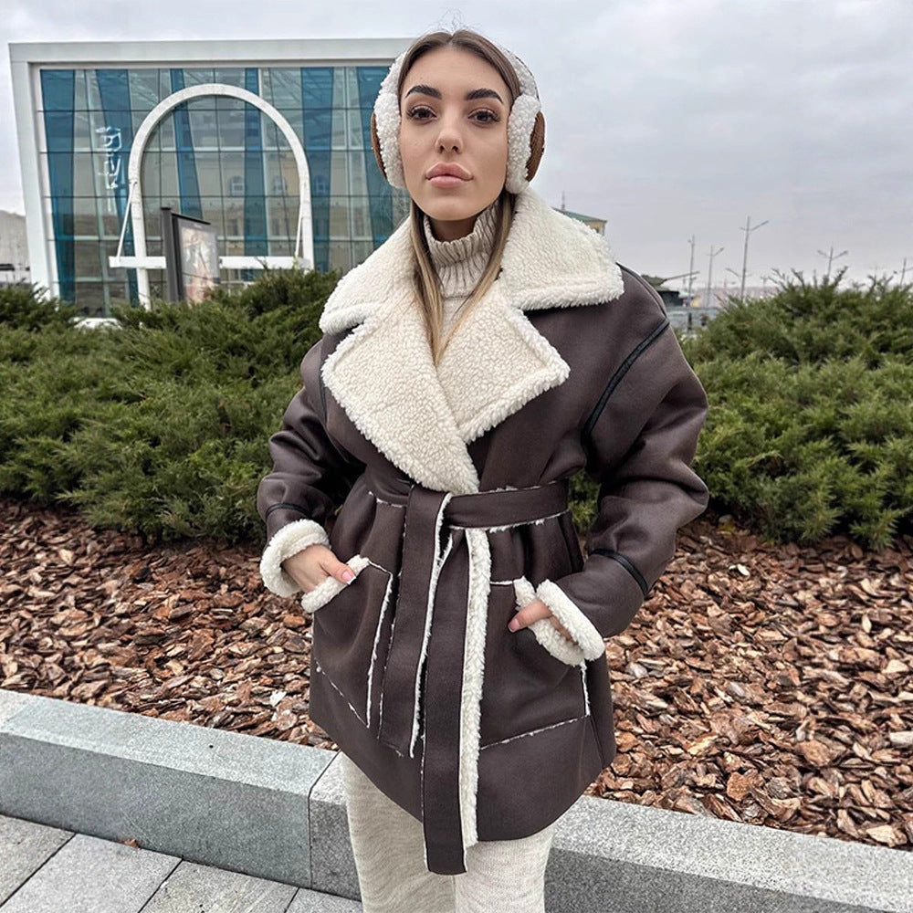 Women Oversized Sheepskin Imitation Coat with Contrasting Shawl Collar and Tied Belt Mune Fashion