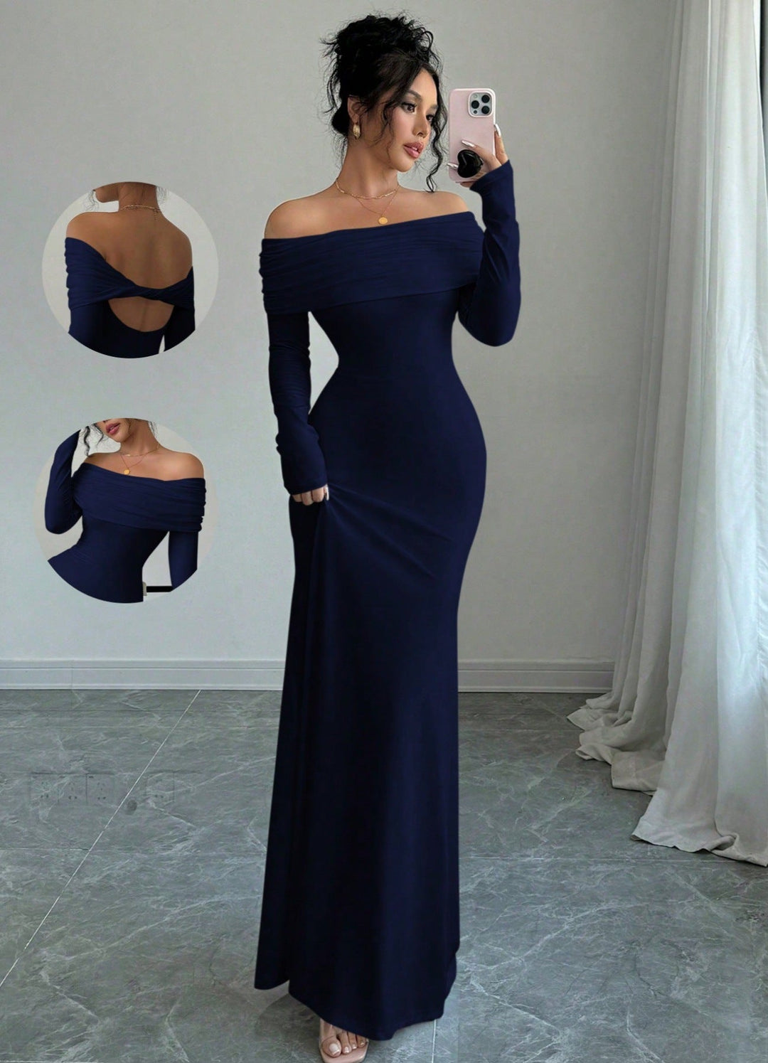 Women's Elegant and Fitted Off-Shoulder Maxi Dress with Long Sleeves Mune