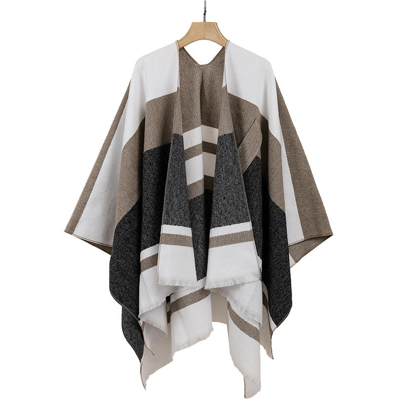 Women's Lightweight Cape Poncho made of fine knit with geometric block stripe design Mune Fashion