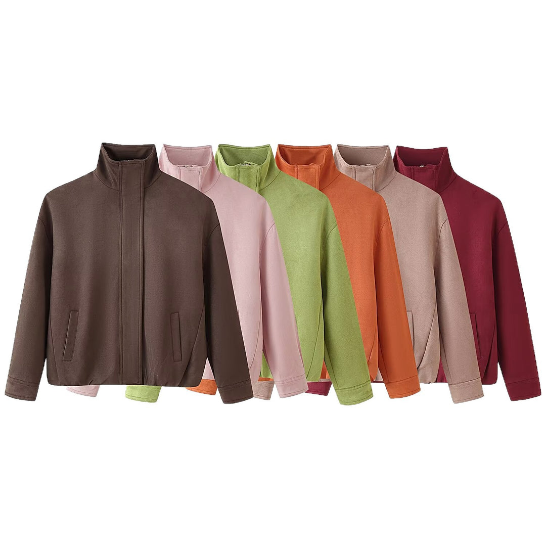 Women's Short Boxy Jacket with Funnel Collar and Concealed Front Mune Fashion