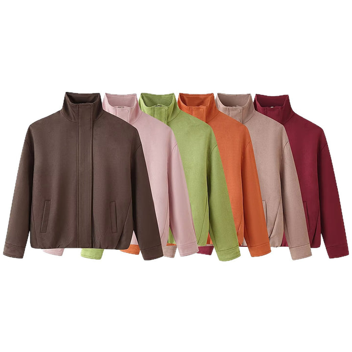 Women's Short Boxy Jacket with Funnel Collar and Concealed Front Mune Fashion