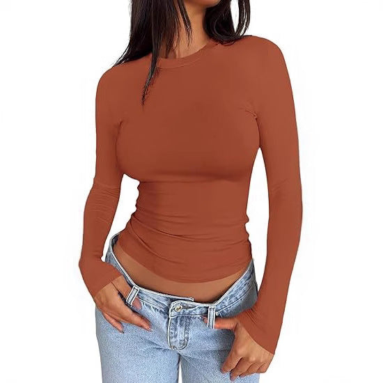 Ladies Body-hugging Long Sleeve Shirt in Cropped Look with Extended Sleeves and Thumb Hole Mune Fashion