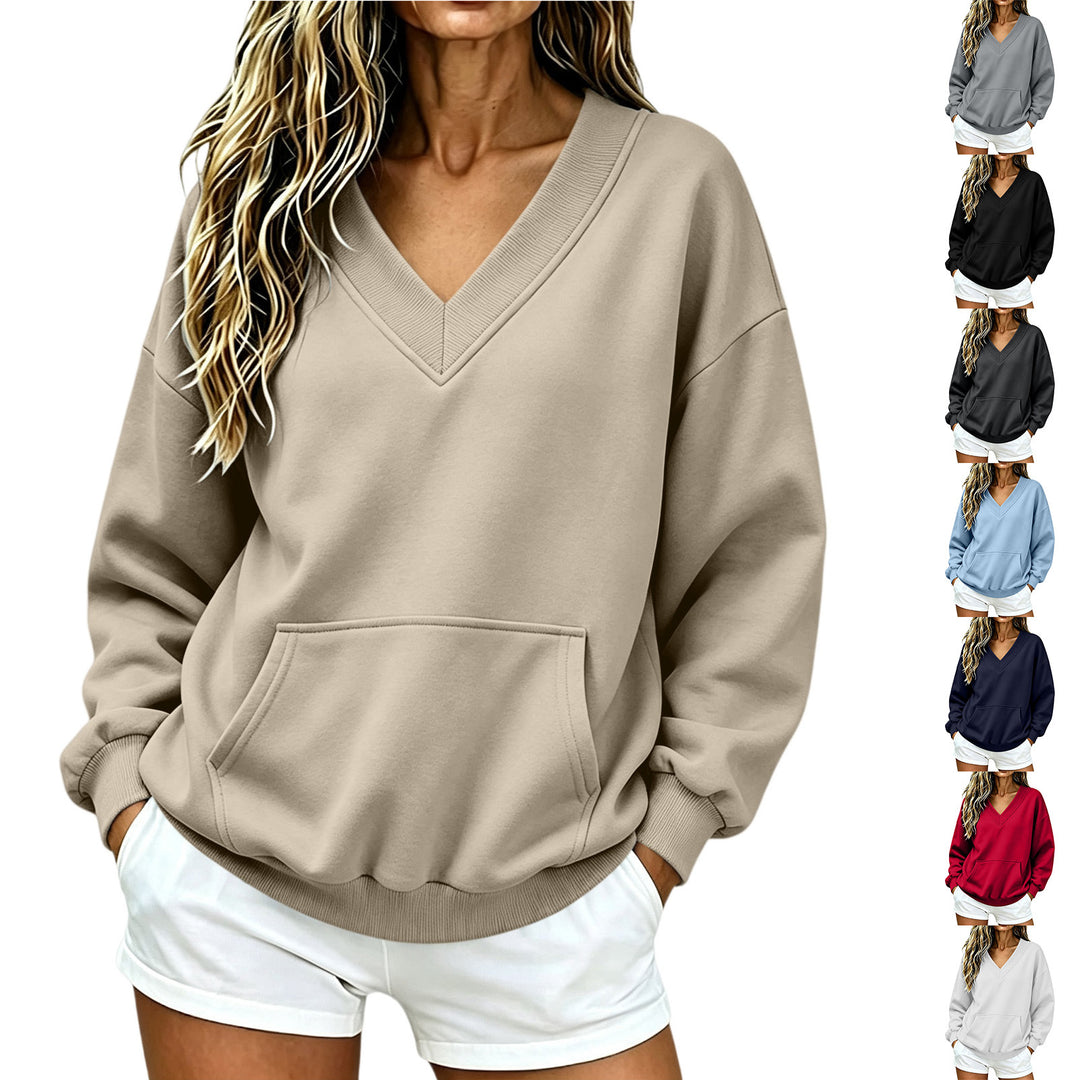 Women Oversize V-Neck Sweatshirt with Kangaroo Pocket and Ribbed Hem Mune Fashion