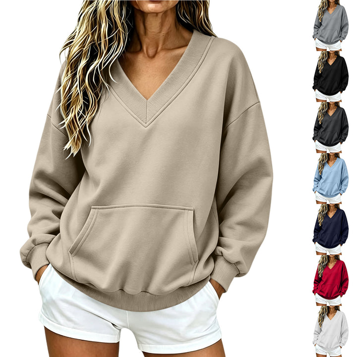 Women Oversize V-Neck Sweatshirt with Kangaroo Pocket and Ribbed Hem Mune Fashion