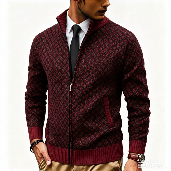 Men's Structured Cardigan with Stand-up Collar and Diamond Jacquard Mune Fashion