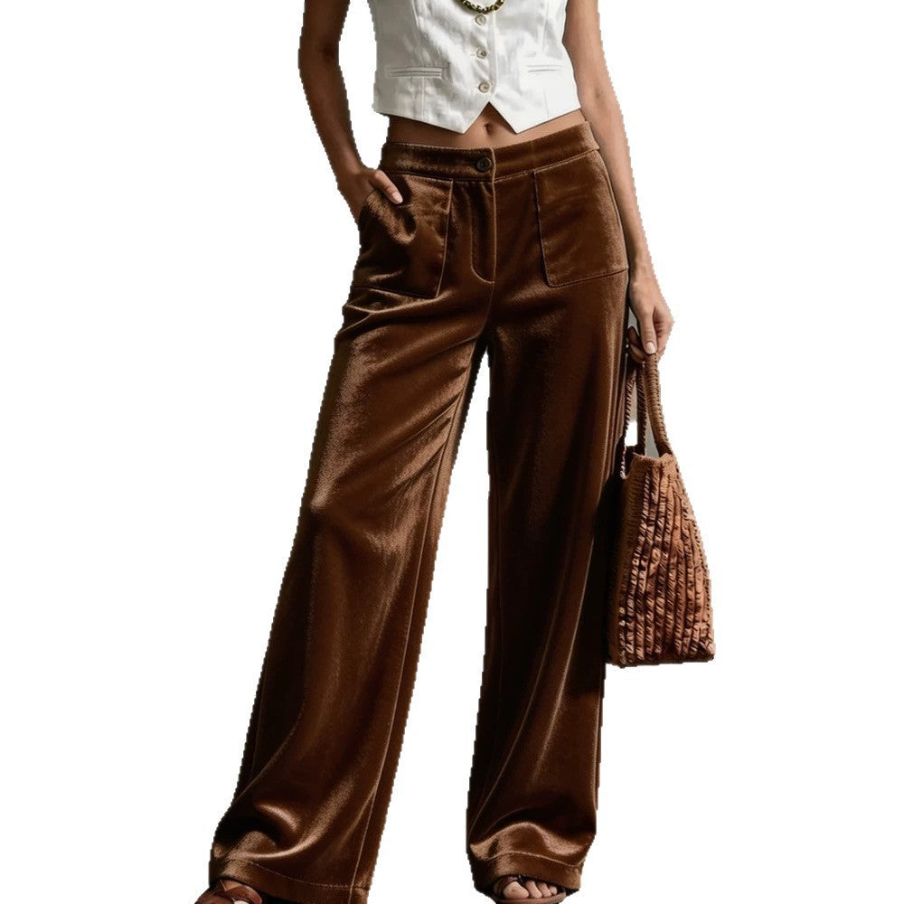 Women Wide Velvet Palazzo Pants with High Waist and Patch Pockets Mune Fashion