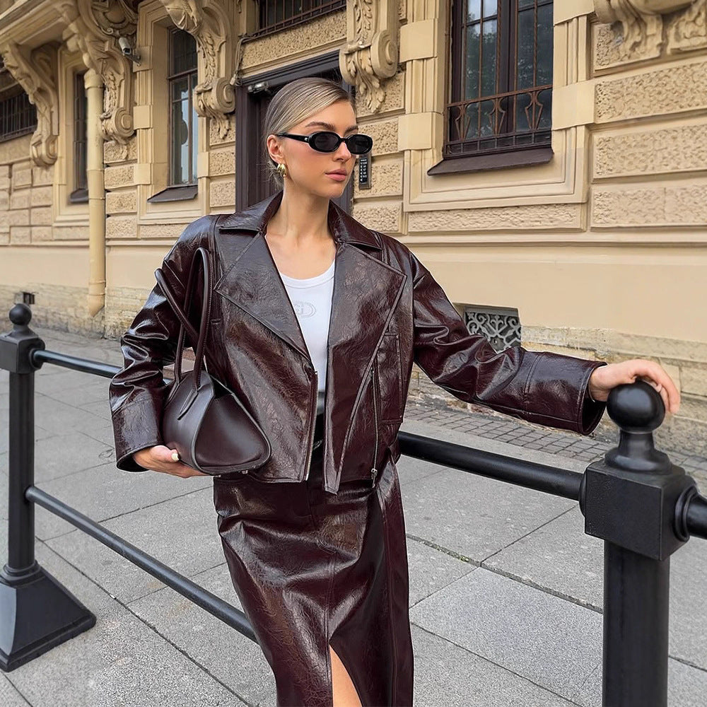Women's Patent Leather Biker Jacket with Oversized Lapels, Boxy Cut & Visible Zipper Mune Fashion