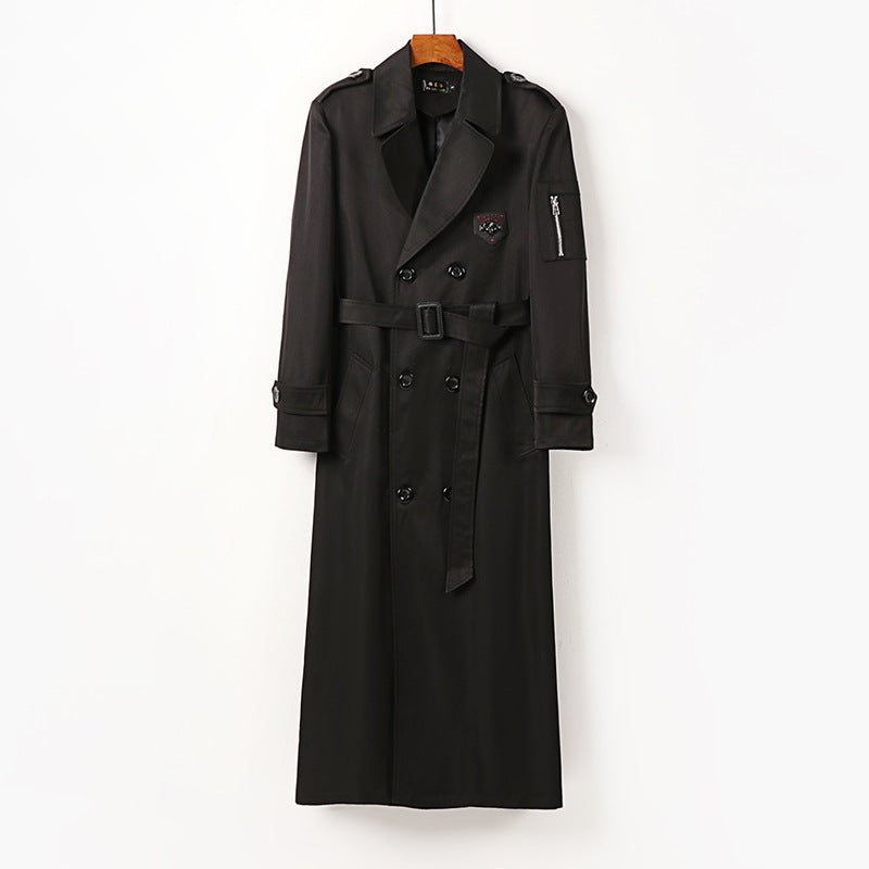 Men's Long Double-Breasted Trench Coat with Belt, Epaulettes and Zipper Sleeve Pocket Mune Fashion
