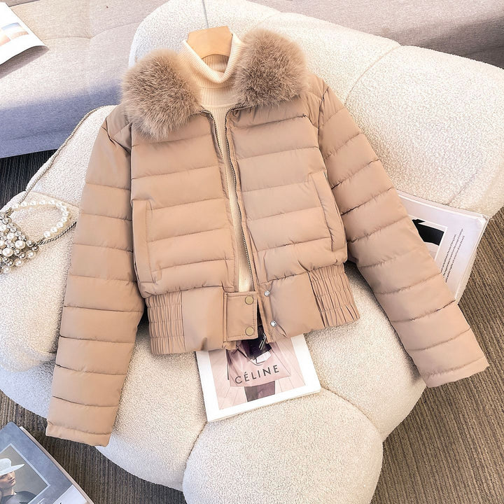 Women's short quilted bomber jacket with removable fur collar and fitted ribbed waistband Mune Fashion