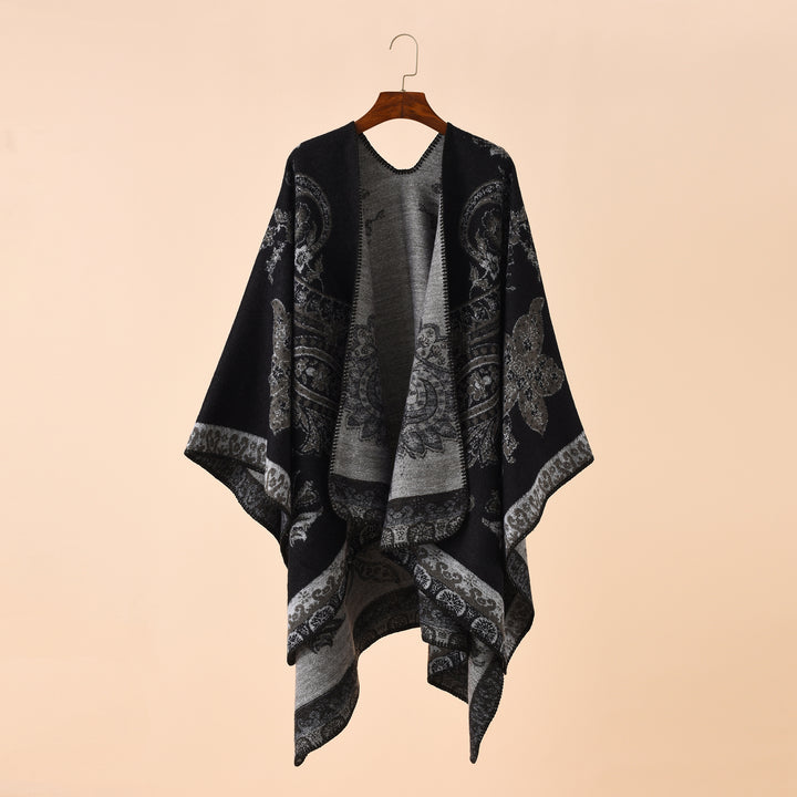 Ladies Elegant Jacquard Poncho with Paisley Pattern and Open Front Mune Fashion