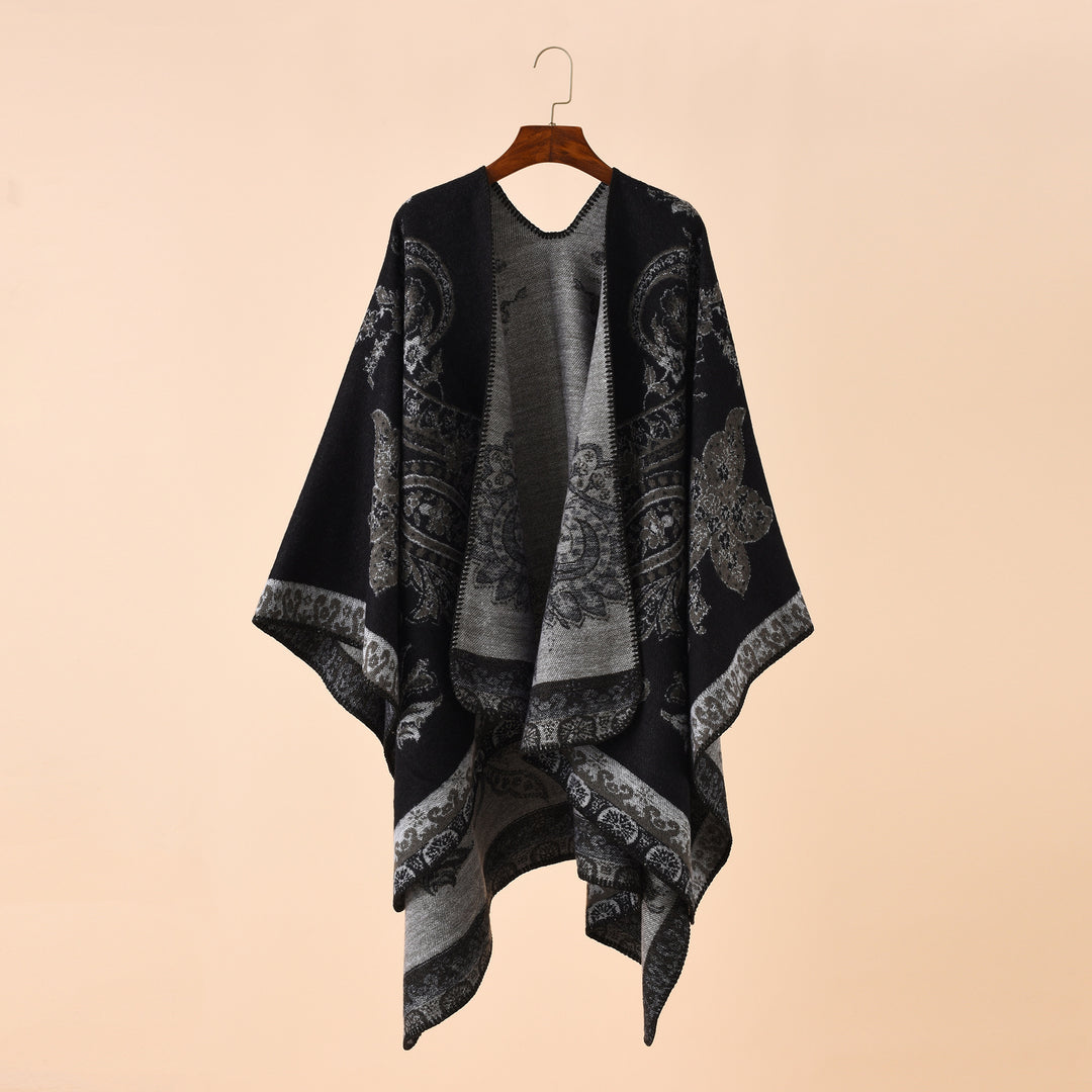 Women Oversize Knit Poncho with Paisley Pattern and Open Fall Mune Fashion