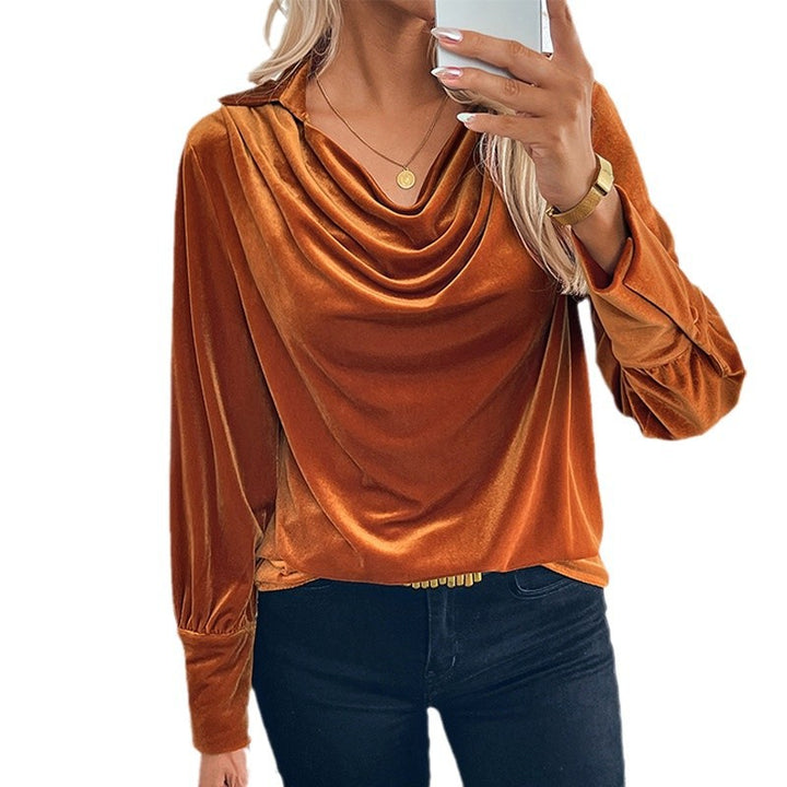 Women's velvet blouse with waterfall draping, shirt collar, and balloon sleeves Mune Fashion