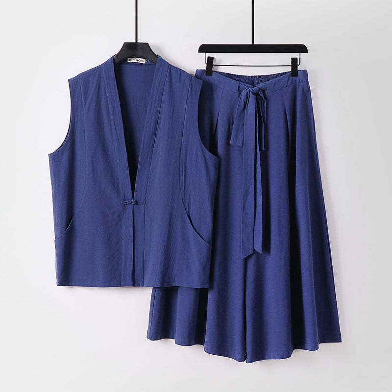 Women's Sleeveless Kimono Loungewear Set made of lightweight Viscose-Linen with Tied Vest and Wide Palazzo Pants Mune Fashion