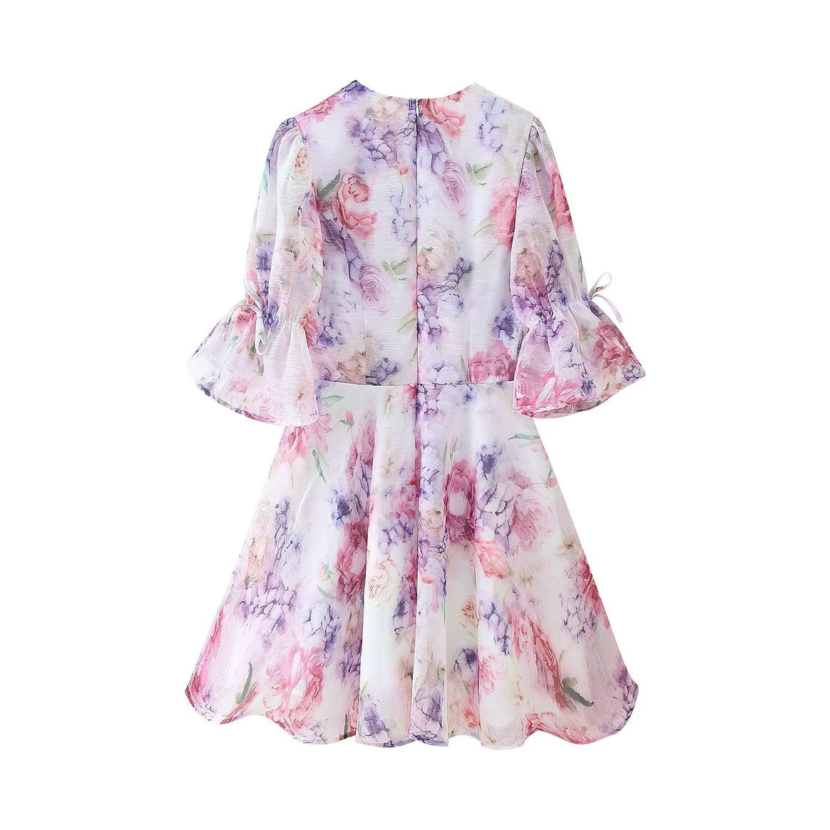 Ladies Romantic Pleated Chiffon Mini Dress with Deep V-Neck and Ruffle Puff Sleeves Mune Fashion