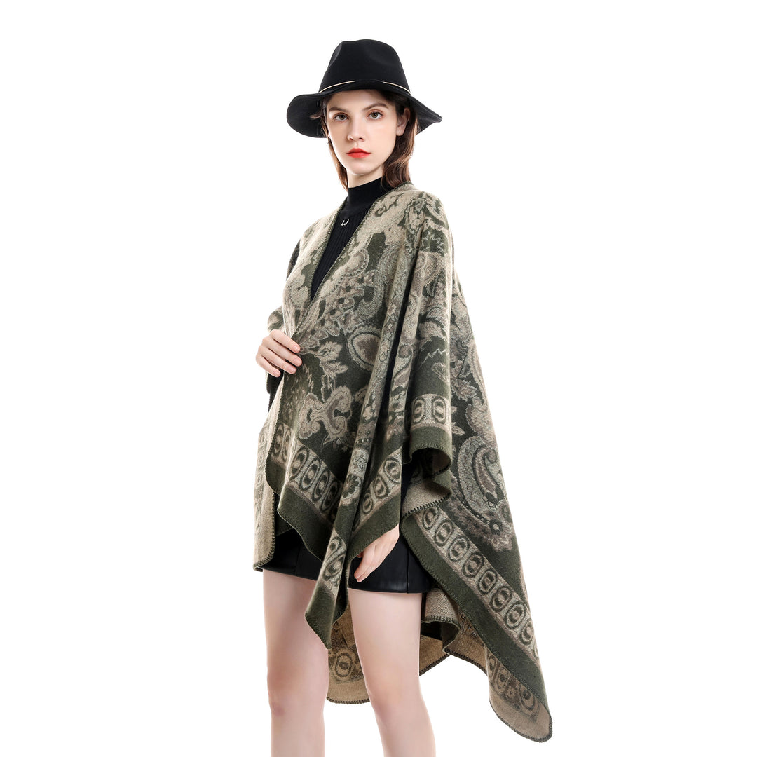 Women’s jacquard-woven oversized ruana with ornamentation and open kimono fall drape