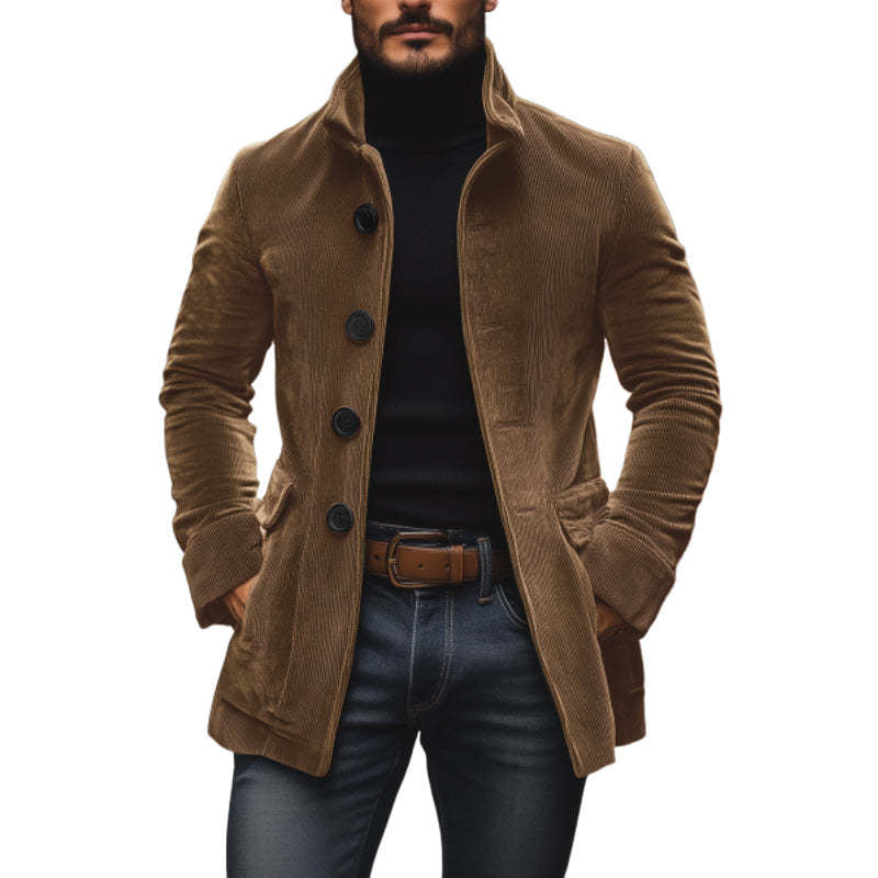 Men's tailored cord coat with stand-up collar, decorative button placket and side pockets Mune Fashion