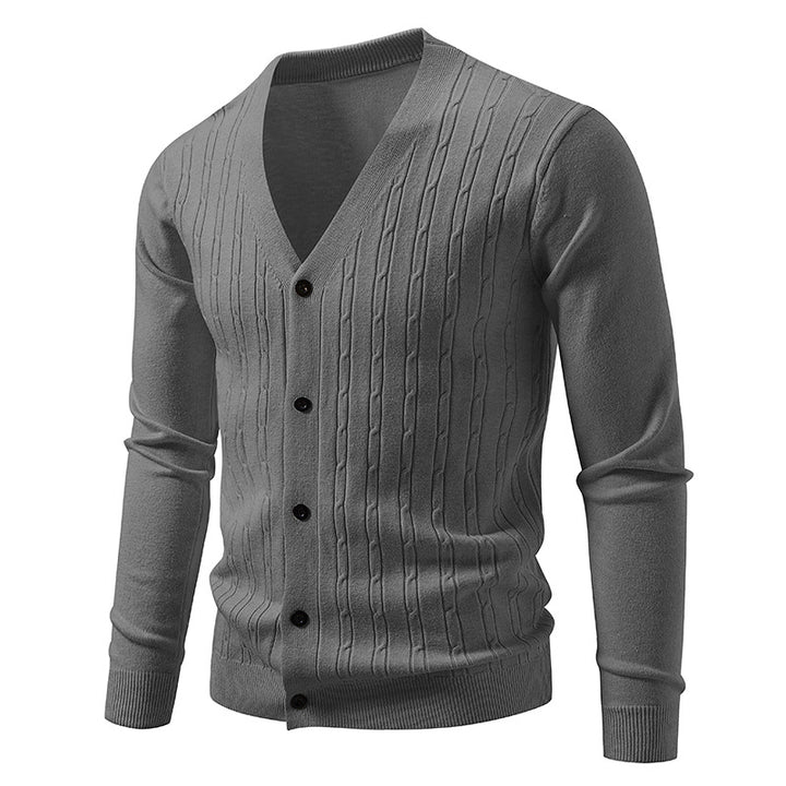 Men's fine-knit cardigan with deep V-neck slim fit and vertical cable knit Mune Fashion