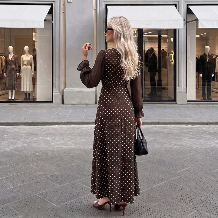 Women's Long Maxi Dress with Puff Sleeves and Dots Mune Fashion