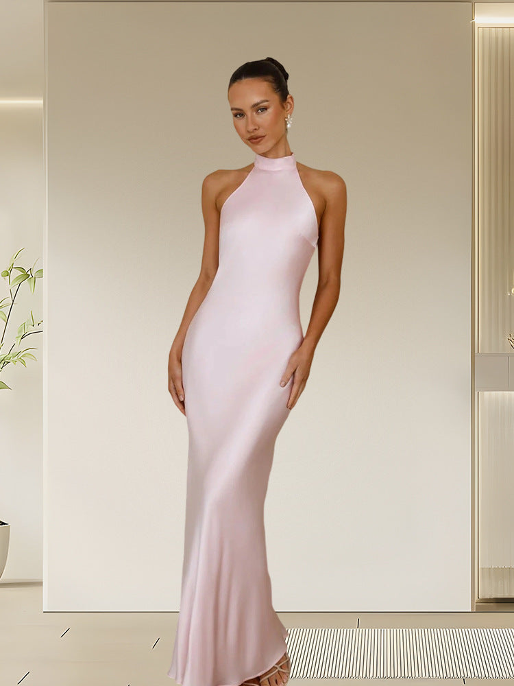 Women's Elegant Satin Maxi Dress with High Neck and Body-Hugging Cut Mune Fashion