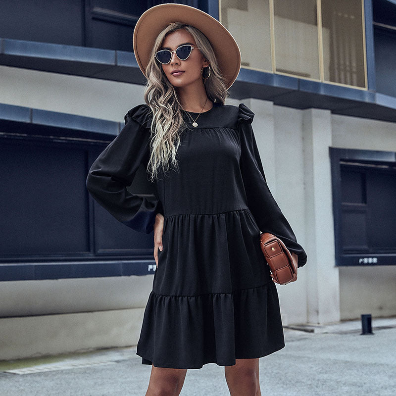 Women's Tiered Mini Dress with Ruffled Shoulders and Long Sleeve Mune Fashion