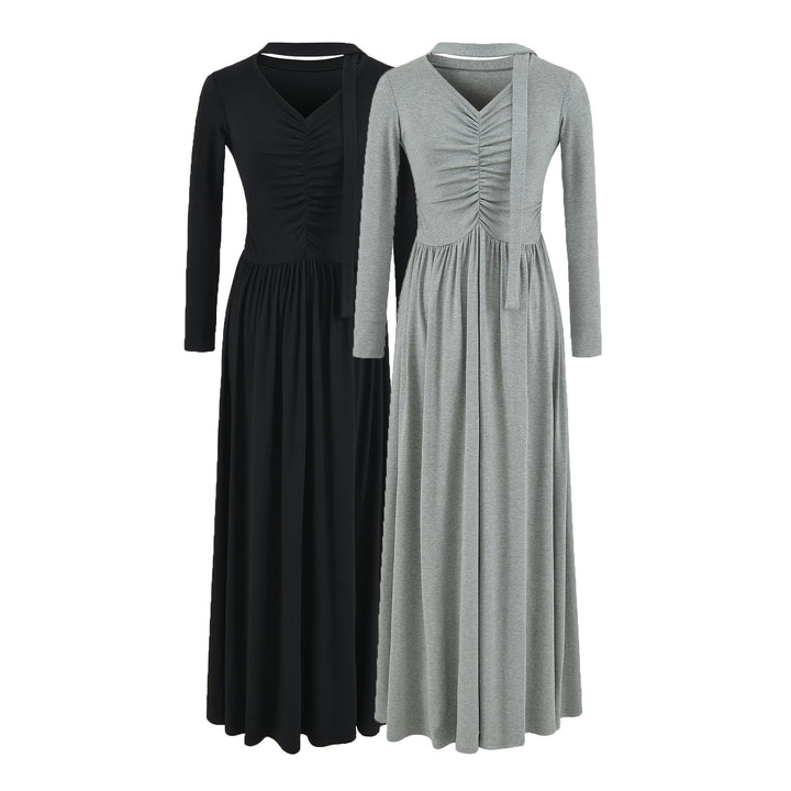 Women Long Jersey Maxi Dress with Gathering, V-Neck and Tied Scarf Mune Fashion