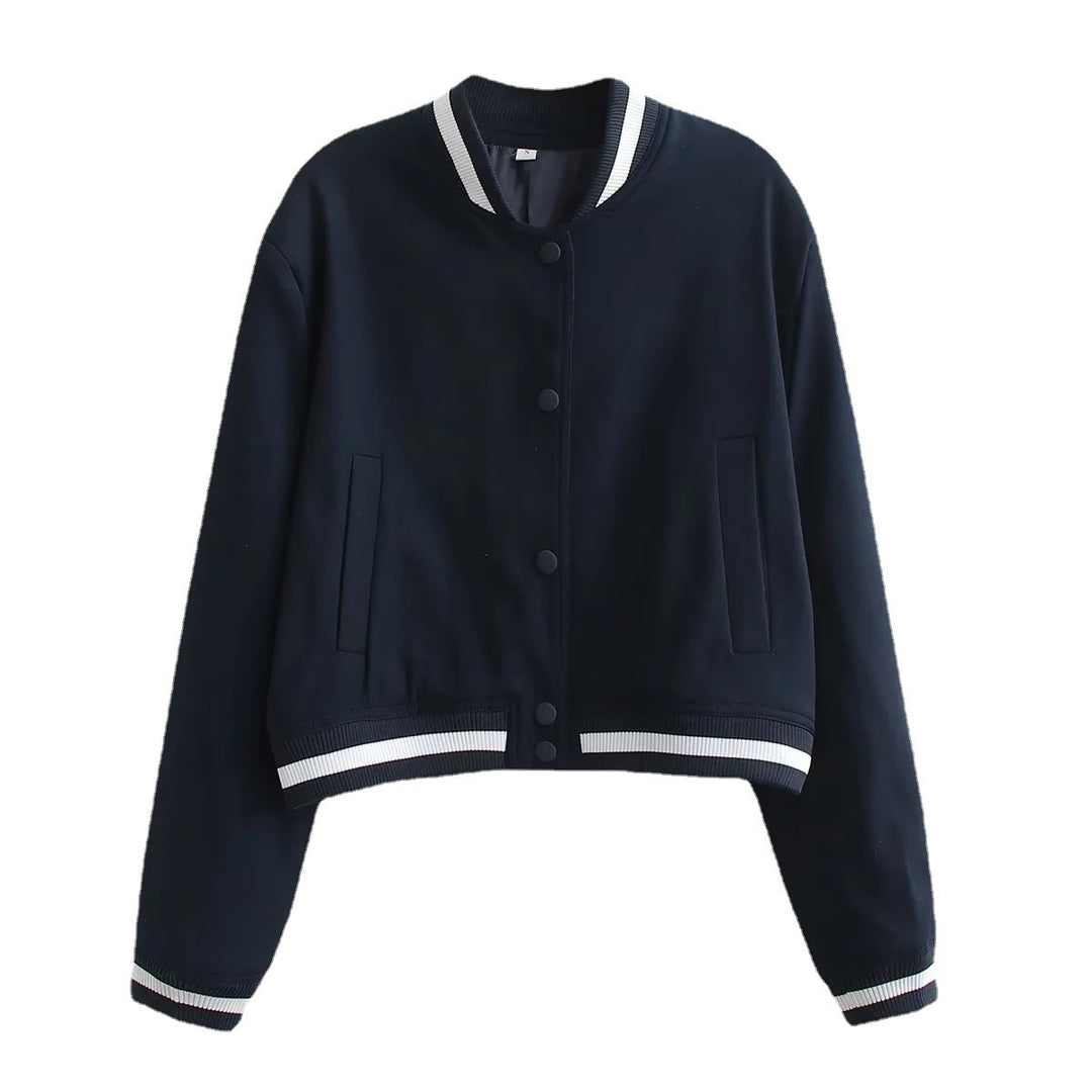 Women's Cropped College Bomber Jacket with Striped Ribbed Cuffs and Snap Button Closure Mune Fashion